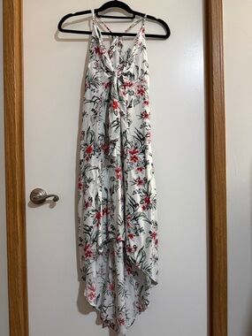 Takara White Dress with Red Floral & Green Leaves Print